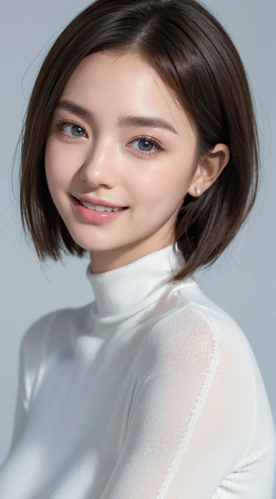 , top-quality、high-detail:1.4、Very attractive beauty、Add intense highlights to the eyes、Look firmly at the camera:1.4、A beautiful woman full of charm, standing in the dark、Perfect Anatomy、Brunette Short Bob Hair、Lustrous hair、bangss:1.4、shiny bangss:1.4、lipgloss),1girl in, report, Light brown shiny hair, muffler,realisitic, looking at the viewers、Tilt your head slightly, Bright colored crystal light blue eyes, short shiny hair、 White turtleneck outfit with a hole in the center of the chest,Sexy white turtleneck knit sweater with a round hole in the middle of the chest、 s lips, lipgloss, The upper part of the body、big eye、Lashes、A little red in the face、Embarrassing)、((italian road in winter))、((short hair with big eyes、Put very strong highlights in your students、{Gigantic|Big|Huge|Mega} breasts:1.4、huge breasts、gazing at viewer、Very beautiful beauty、Put your ears out、long neck、little smiling、Beautiful teeth、Open your mouth and smile、Heart-shaped pupil))、28 year old、Very cute supermodel, full body