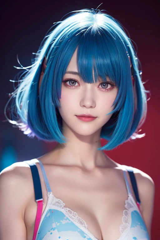 Masterpiece portrait of a smiling Rei Ayanami (Evangelion), Evangelion (Hideaki), Caustics, High resolution illustration, Red Eyes, Feminine, no pupils, Blue hair, Short hair, Japan school uniform, lowfers, swpunk, Synth Wave, paint Splatters, shaded flat illustration, Digital Art, Trending on ArtStation, Highly detailed, Fine detail, Convoluted, Splatter, Outrun, Vaporware, neon color, small brest, sexy underwear,bra
