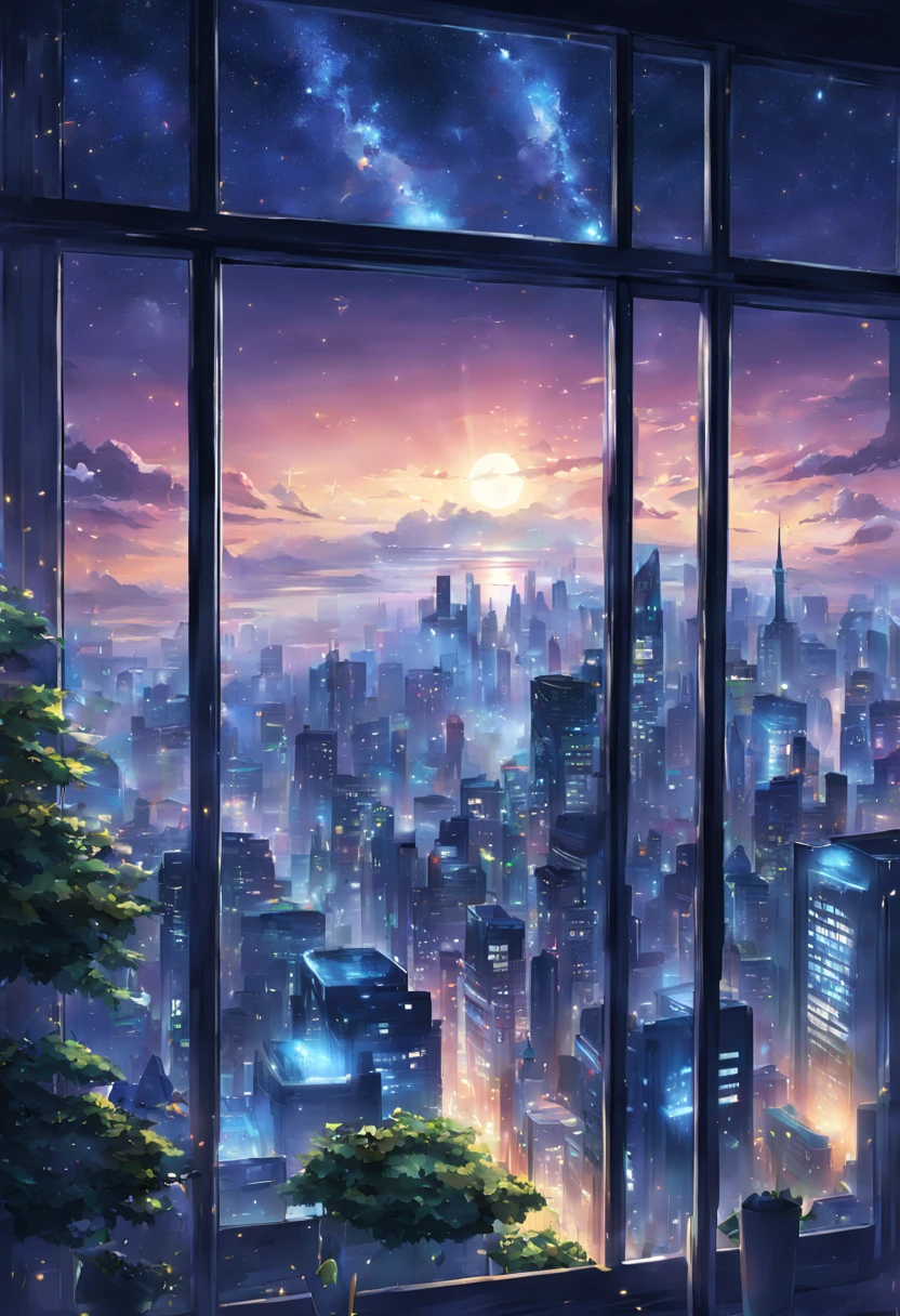 Expressing skyscrapers and window lights at night with vivid colors.、View from the air、top-quality、Fantasyart、beautiful anime scene、concept-art。starryskyの環境、Dream painting、Anime Background Art、Fantasy landscape art、Dreamy night、Anime Background Artワーク、dreamlike art、atmospheric anime、starrysky、details enhanced。
