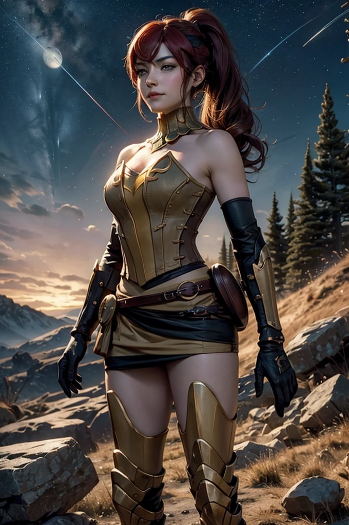 masterpiece, best quality, dynamic pose, pyrrha nikos, ponytail, circlet, bustier, large breasts, skirt, elbow gloves, bracers, armored boots, red waist sash, looking at viewer, furrowed brow, smile, forest, night, night sky, stars, standing on lunar surface, craters, distant mountains, (planet earth in the sky)