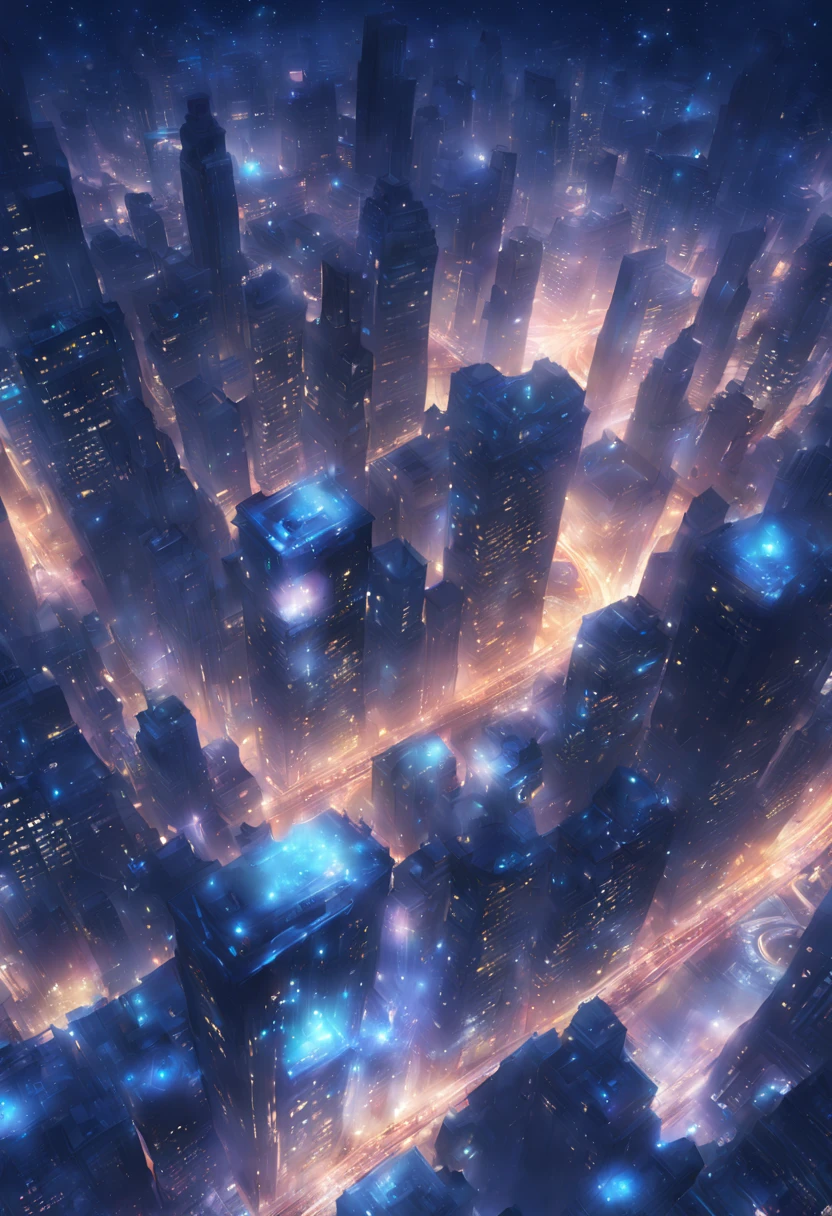 Expressing skyscrapers and window lights at night with vivid colors.、View from the air、top-quality、Fantasyart、beautiful anime scene、concept-art。starryskyの環境、Dream painting、Anime Background Art、Fantasy landscape art、Dreamy night、Anime Background Artワーク、dreamlike art、atmospheric anime、starrysky、details enhanced。