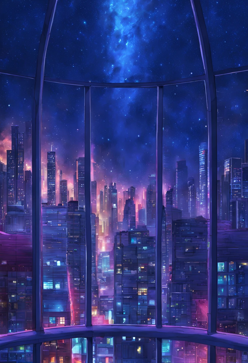 Expressing skyscrapers and window lights at night with vivid colors.、View from the air、top-quality、Fantasyart、beautiful anime scene、concept-art。starryskyの環境、Dream painting、Anime Background Art、Fantasy landscape art、Dreamy night、Anime Background Artワーク、dreamlike art、atmospheric anime、starrysky、details enhanced。