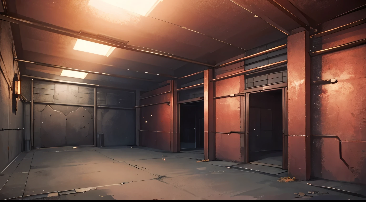 bomb shelter,Copper walls and iron walls,Twisted steel plate in front of the iron door,multi-perspective,Dimly lit room,cold shades,ceiling light