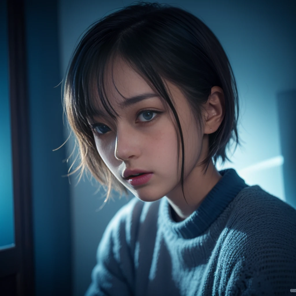 Highest Quality, masterpiece, unbelievably Beautiful, very delicate 8k wallpaper, Beautiful, ultra Detailed, 35mm film, Transcendently Beautiful Girl, Japanese, Cute Girl, 25 years old, (Ecstasy:1.4) , ((extreme close-up face:1,6)) , eye focus, (depth of field ), looking at viewer, ((From directly below)), ((Plump lips)), Short hair, hair messy, Wavy Hair, Black hair, Brown eyes, Beautiful breasts, Sweaters, freckle, Bedrooms, (dark blue light:1.6), dark illumination, inside in room, night room, Detailed face, Detailed eyes