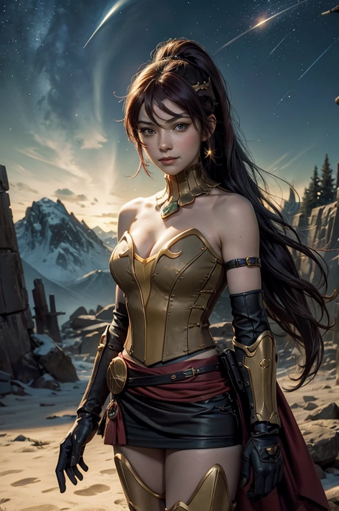 masterpiece, best quality, pyrrha nikos, ponytail, circlet, bustier, large breasts, skirt, elbow gloves, bracers, armored boots, red waist sash, looking at viewer, furrowed brow, smile, forest, night, night sky, stars, standing on lunar surface, craters, distant mountains, (planet earth in the sky), arms folded