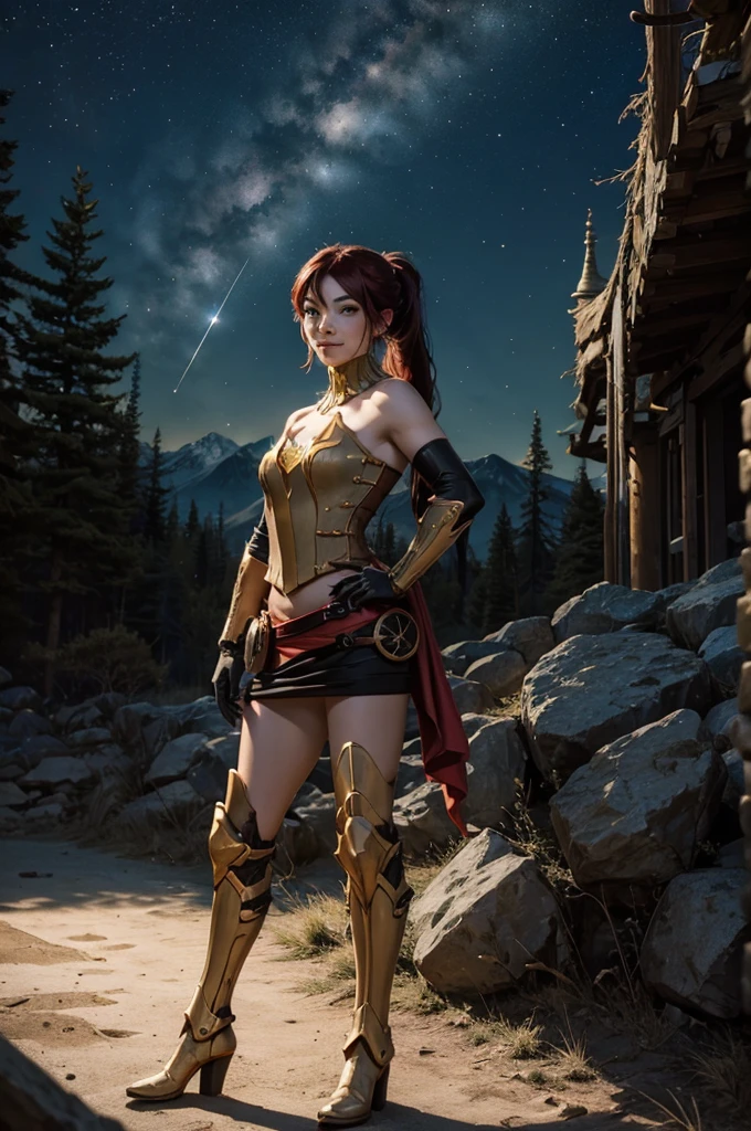 masterpiece, best quality, pyrrha nikos, ponytail, circlet, bustier, large breasts, skirt, elbow gloves, bracers, armored boots, red waist sash, looking at viewer, furrowed brow, smile, forest, night, night sky, stars, standing on lunar surface, craters, distant mountains, (planet earth in the sky), arms folded