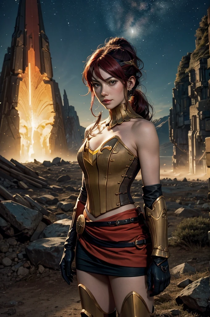 masterpiece, best quality, pyrrha nikos, ponytail, circlet, bustier, large breasts, skirt, elbow gloves, bracers, armored boots, red waist sash, looking at viewer, furrowed brow, smile, forest, night, night sky, stars, standing on lunar surface, craters, distant mountains, (planet earth in the sky), arms folded