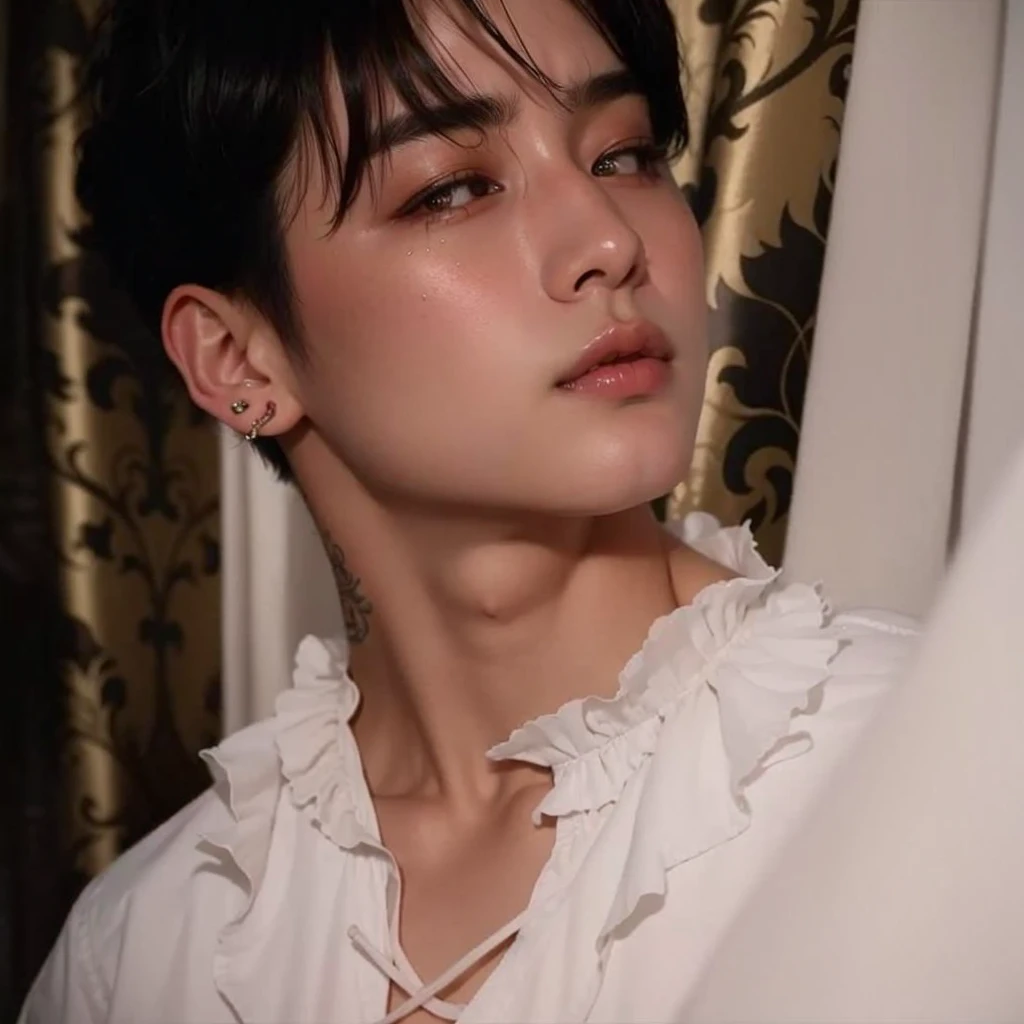 um close up de uma pessoa vestindo uma camisa branca e brincos, Jungkook, neck tattoo, Cai Xukun, delicate androgynous prince, Yoongi de cabelos pretos, Hyung Tae, inspirado em Bian Shoumin, Jovem Anjo Wan, Beautiful androgynous prince, inspirado em Kun Can, chave ainda, Yanjun Chengt, beautiful young prince, Inspirado em Jeonseok Lee