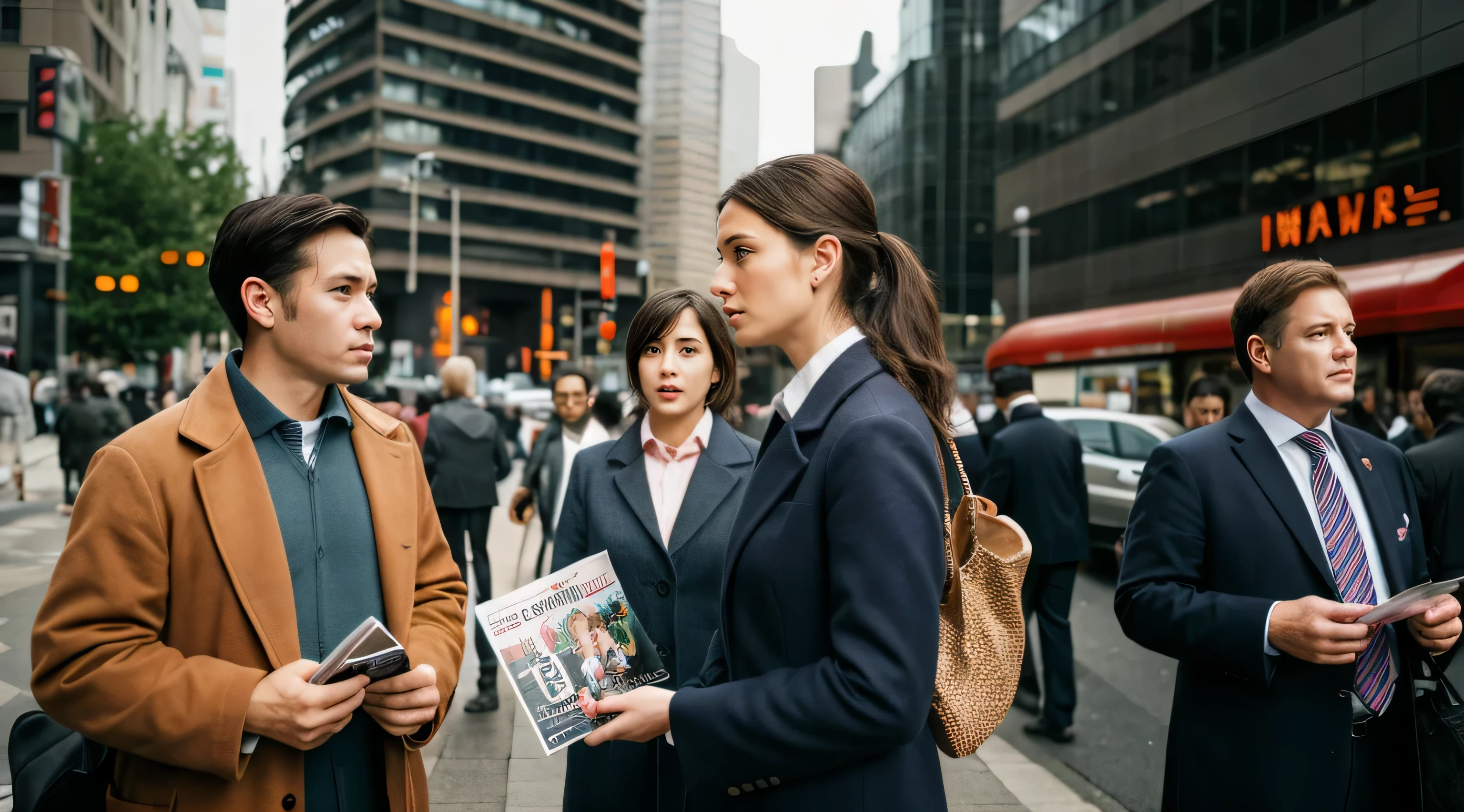 Jehovah's Witnesses、street evangelism、standing with a magazine、Middle-aged man、Middle Age Woman、high-level image quality、high-detail、