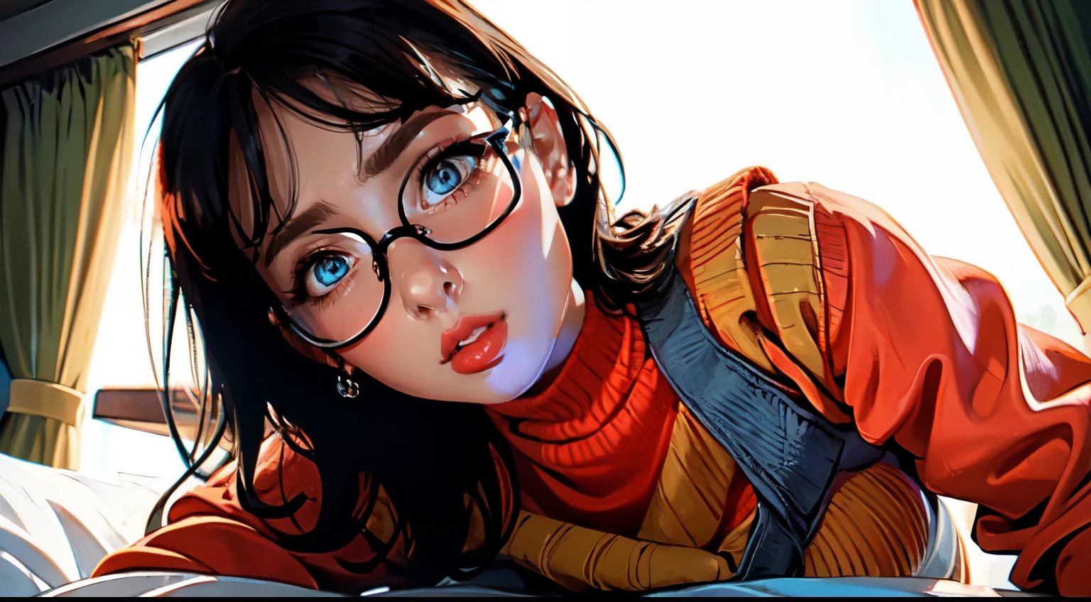 HD, 8k quality, masterpiece, Velma, dream girl huge tits, beautiful face, kissing lips, short bob hairstyle, long bangs, perfect makeup, realistic face, detailed eyes, blue eyes, brunette hair, eyelashes, smile grin, bedroom, lying on bed, showing cameltoe, eyes at viewer, orange knitted turtleneck sweater, clear lens glasses, red school girl skirt, view from below,