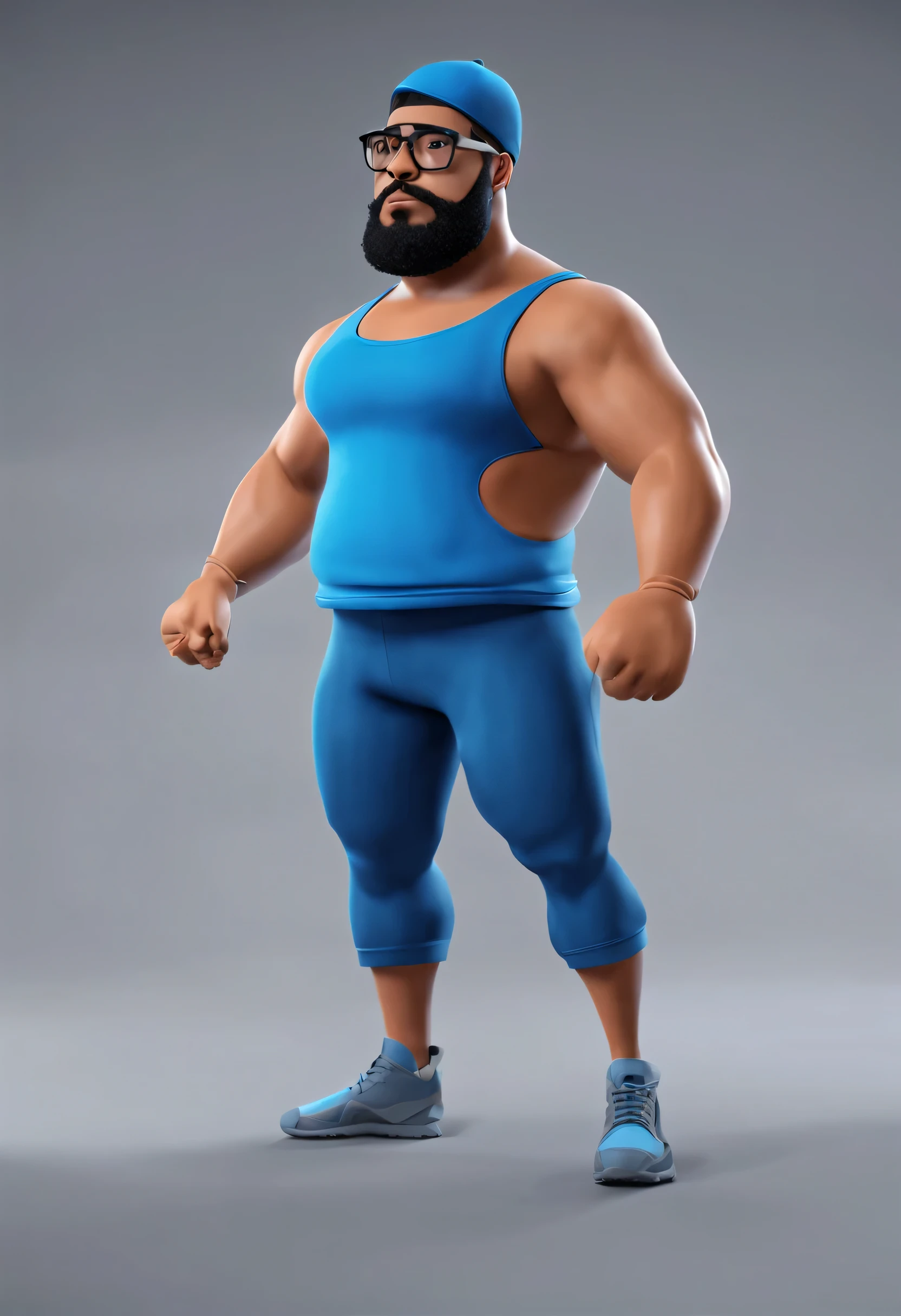 Cartoon character of a man with black glasses and a blue shirt, animation character, Caractere estilizado, animation style rendering, 3D estilizado, mulatto man gym clothes with beard cap strong chubby