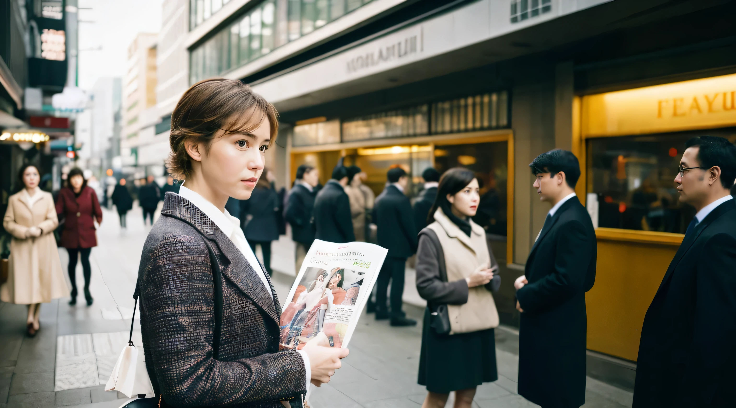 Jehovah's Witnesses、Missionary Work、Bustling street、standing holding up a magazine、Middle-aged man、Middle Age Woman、high-level image quality、high-detail、