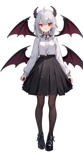 (((Best Quality))) , ((full body)), reference sheet, solo, (white background), horn, mini bat wings, demonic girl, skirt, black outfit, goth gal,
