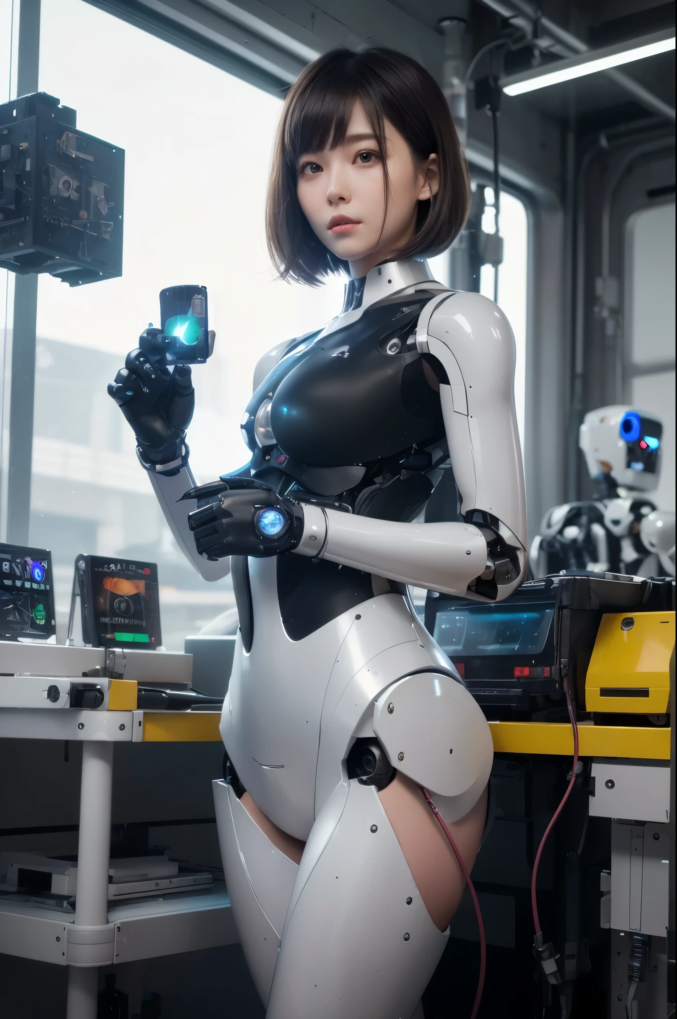 (photorealistic:1.4), (RAW photo)masterpiece, best quality, extremely detailed, (8K, 4K, Best Quality, hight resolution, 超A high resolution:1.1), 8K portrait,1girl in, Japaese android girl,announcer,Plump ,metallic robot girl,silver robot girl, control panels,android,Droid,Mechanical Hand, Robot arms and legs, Black hair,Mechanical body,Blunt bangs,White Robotics Parts,perfect robot woman,Charging spot,Long Tube,A thick cable was connected to her neck,android,robot humanoid,a bit chubby,full eyes,perfect mechanical silver body,silver robotics body,future embly plant,She has repaired,black sponge joints,android assly plant,android,laboratory,perfect machine body,metallic body,silver body,silver admen,The removable cover is in the groin,The connection port is in the groin,perfect mechanical breastic body suits,
