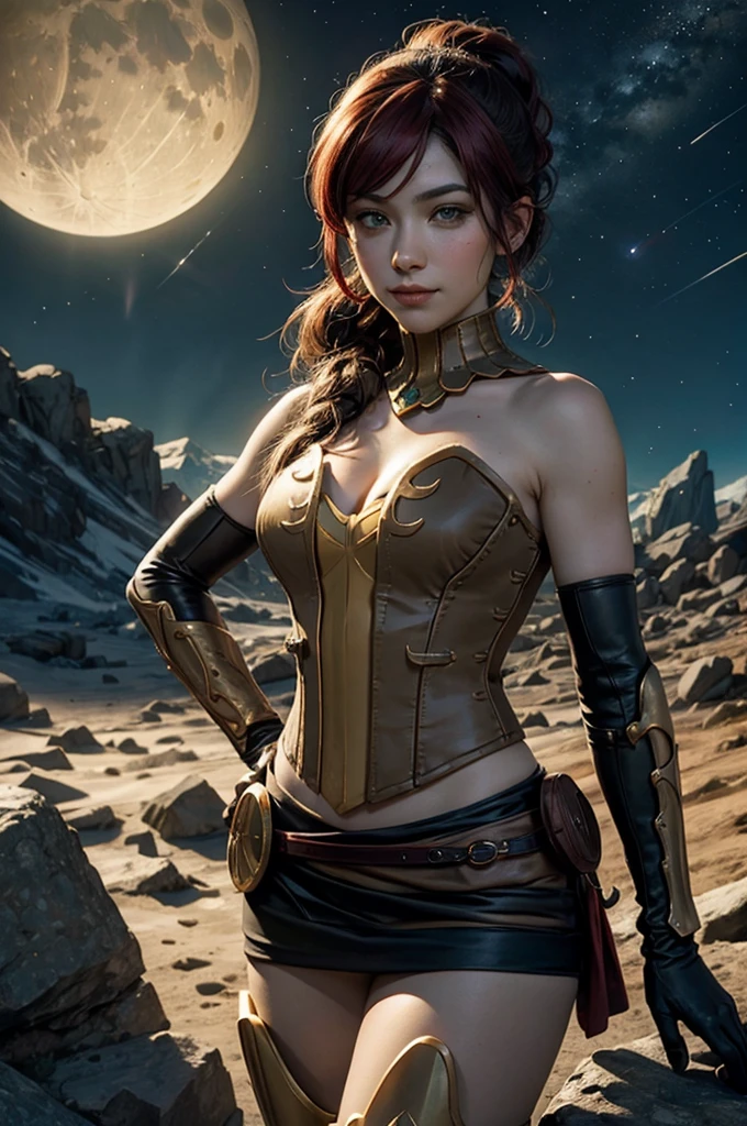 masterpiece, best quality, pyrrha nikos, ponytail, circlet, bustier, large breasts, skirt, elbow gloves, bracers, armored boots, red waist sash, looking at viewer, furrowed brow, smile, forest, night, night sky, stars, standing on lunar surface, craters, distant mountains, (planet earth in the sky), hand on hip