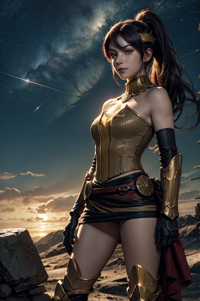 masterpiece, best quality, pyrrha nikos, ponytail, circlet, bustier, large breasts, skirt, elbow gloves, bracers, armored boots, red waist sash, looking at viewer, furrowed brow, smile, forest, night, night sky, stars, standing on lunar surface, craters, distant mountains, (planet earth in the sky), hand on hip