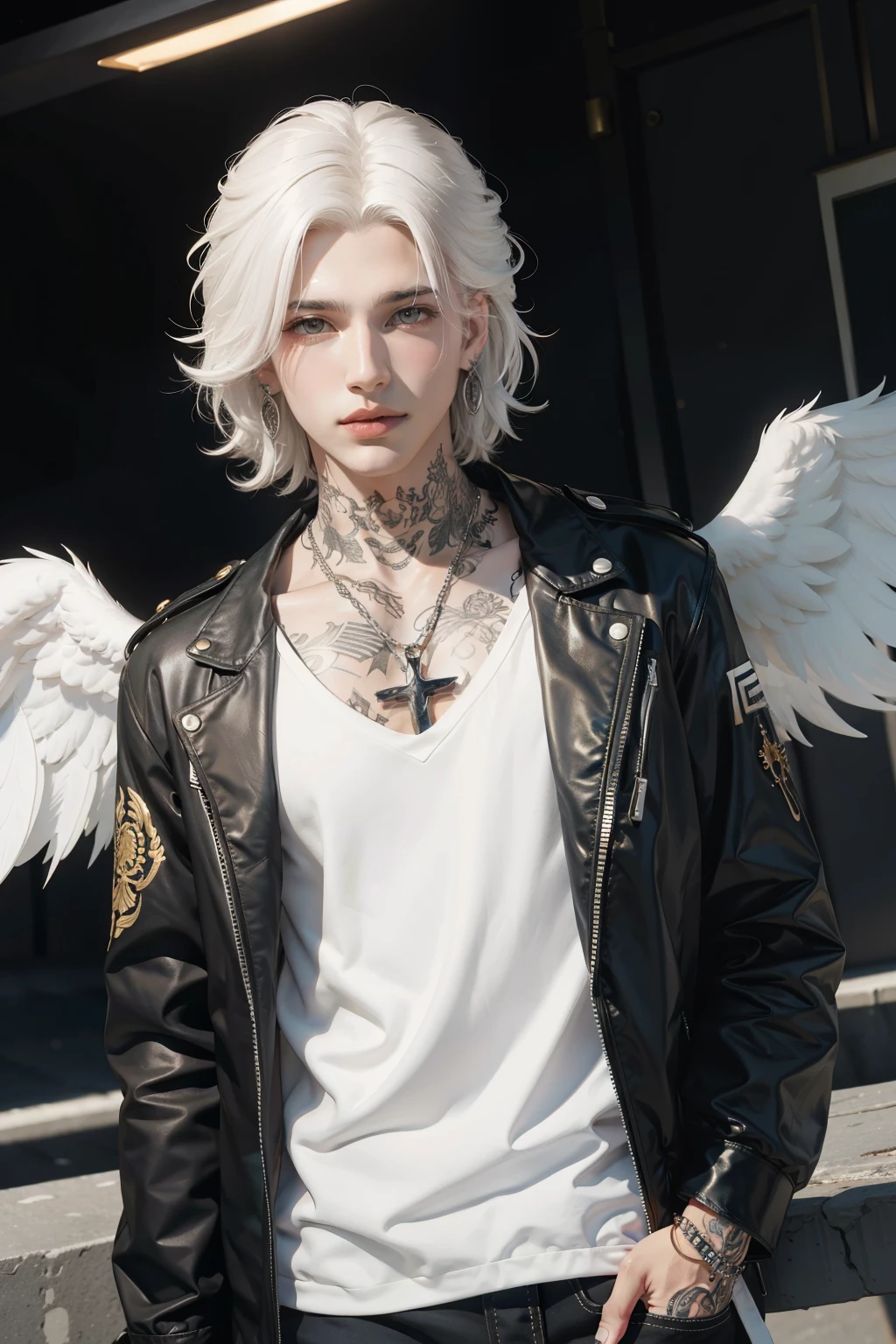 Handsome angel man, 18 years old, white hair, golden eyes, white wings, rock style, tattoos, halo, black clothes, cross-shaped earrings