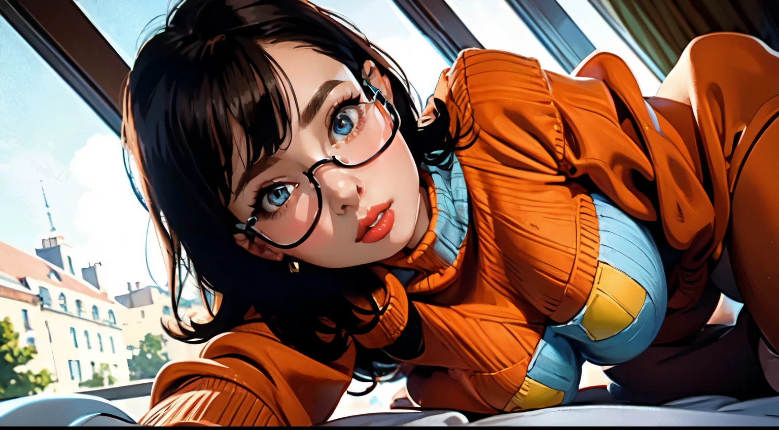 HD, 8k quality, masterpiece, Velma, dream girl huge tits, beautiful face, kissing lips, short bob hairstyle, long bangs, perfect makeup, realistic face, detailed eyes, blue eyes, brunette hair, eyelashes, smile grin, bedroom, lying on bed, showing cameltoe, eyes at viewer, orange knitted turtleneck sweater, clear lens glasses, red school girl skirt, view from below,