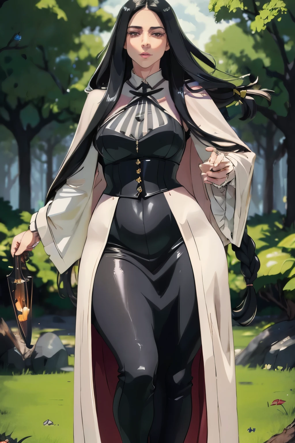 solo, (sophisticated victorian tunic:1.0), grey hooded cloak, ((masterpiece)),((high resolution)),((best quality)), extremely fine and beautiful, super fine illustration, (realistic skin), (insanely detailed anime eyes), vivid and beautiful, shocking sensation, incredibly detailed, beautiful detailed girl, supple breasts, front view, looking down at viewer, black hair, (elf), medium long elf ears, covered, ((black hair)), (very long hair), profile, small plump breasts, lithe, plump thighs, wide hips, movie lighting, perfect shadow, realistic lighting shaded, outside, field scenery