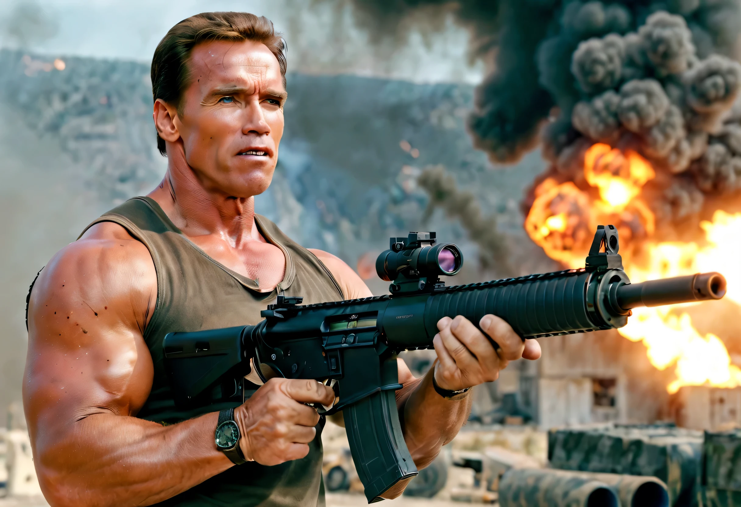 (best quality,4k,8k,highres,masterpiece:1.2),ultra-detailed,realistic:1.37,arnold schwarzenegger,brutal,vivid colors,sharp focus,rpg-7, grenade launcher, shooting,burst fire,empty casings dropped down ,explosions on background,dramatic lighting,strong shadows,physically-based rendering, determined eyes,smoke-filled air,high-contrast,