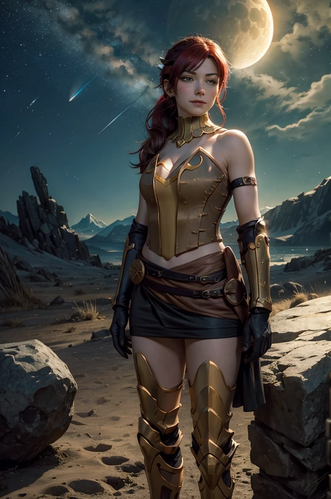 masterpiece, best quality, pyrrha nikos, ponytail, circlet, bustier, large breasts, skirt, elbow gloves, bracers, armored boots, red waist sash, looking at viewer, furrowed brow, smile, night, night sky, stars, standing on lunar surface, craters, distant mountains, (planet earth in the sky)