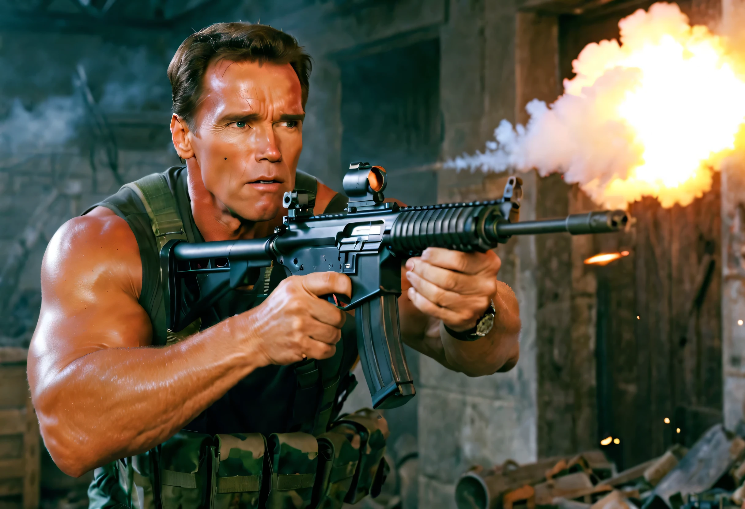 (best quality,4k,8k,highres,masterpiece:1.2),ultra-detailed,realistic:1.37,arnold schwarzenegger,brutal,vivid colors,sharp focus,rpg-7, grenade launcher, shooting,burst fire,empty casings dropped down ,explosions on background,dramatic lighting,strong shadows,physically-based rendering, determined eyes,smoke-filled air,high-contrast,