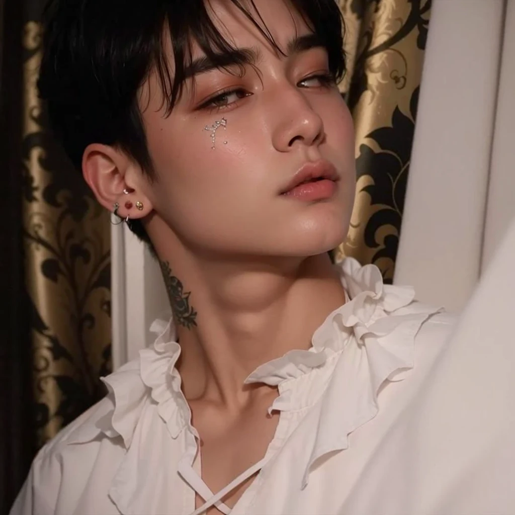 um close up de uma pessoa vestindo uma camisa branca e brincos, Jungkook, neck tattoo, Cai Xukun, delicate androgynous prince, Yoongi de cabelos pretos, Hyung Tae, inspirado em Bian Shoumin, Jovem Anjo Wan, Beautiful androgynous prince, inspirado em Kun Can, chave ainda, Yanjun Chengt, beautiful young prince, Inspirado em Jeonseok Lee