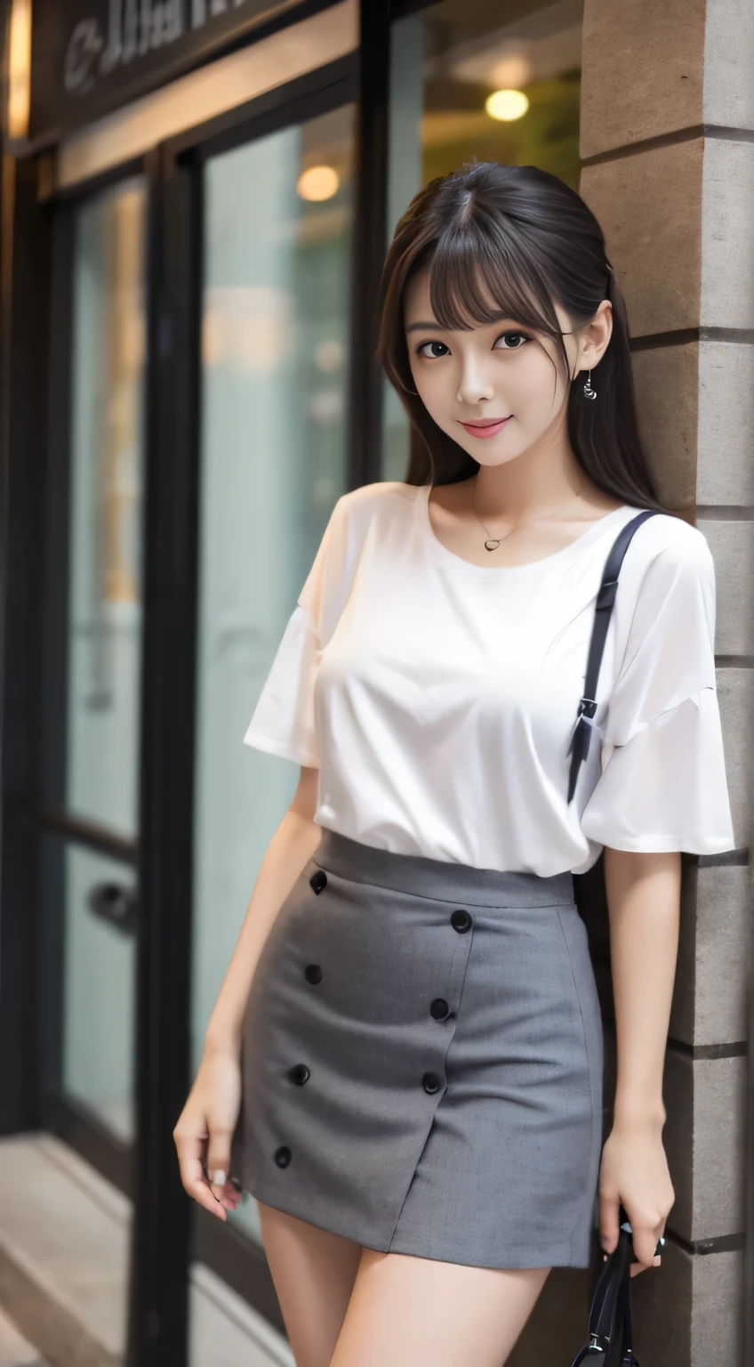female student、20yr old、Long gray hair、realistically、k hd、short skirt、Symmetrical thighs、Have a well-proportioned figure、It looks beautiful