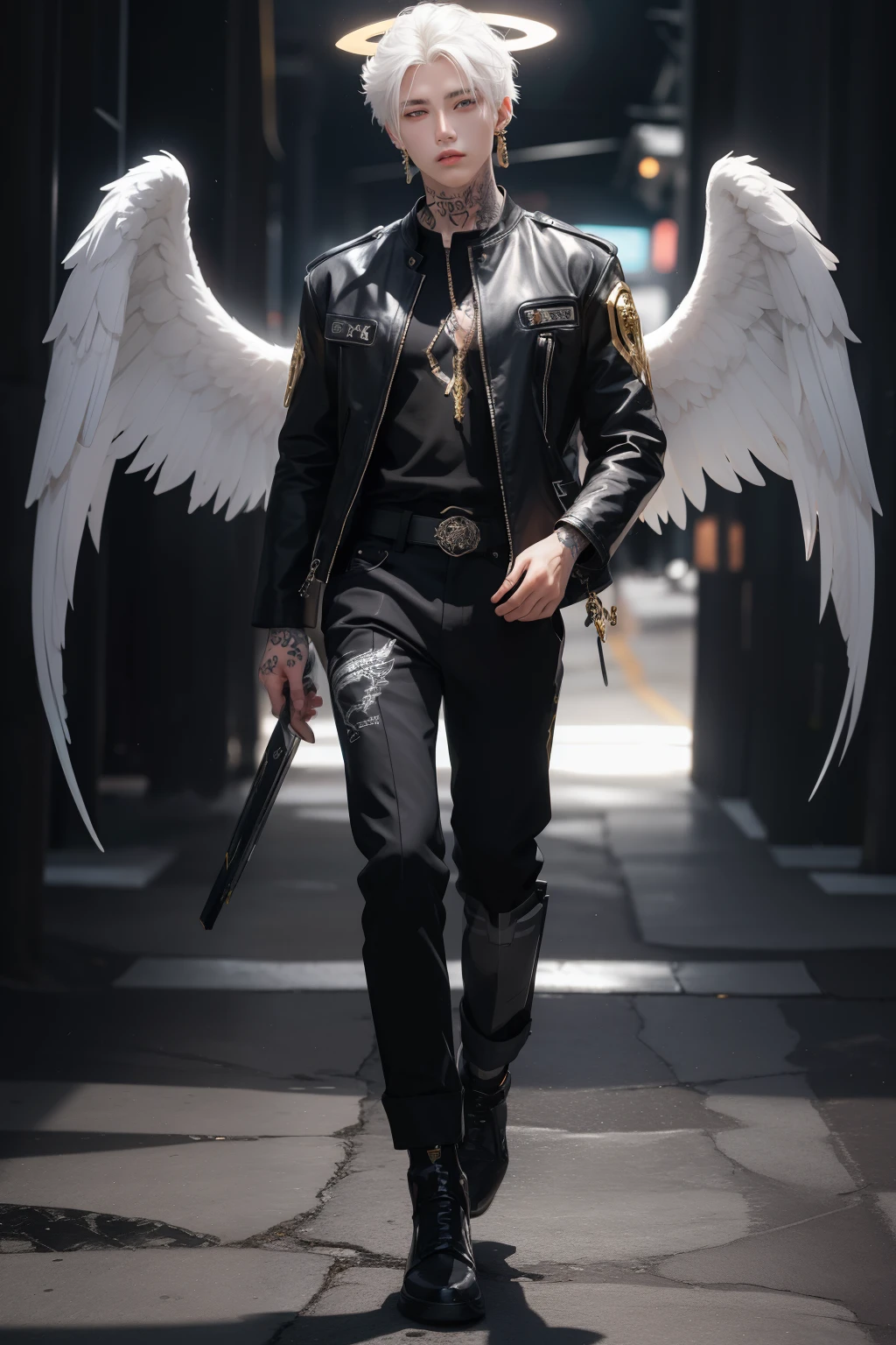 Handsome angel man, 18 years old, white hair, golden eyes, white wings, rock style, tattoos, halo, black clothes, cross-shaped earrings, full body