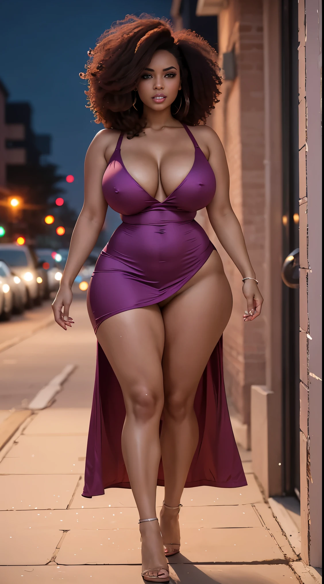 A sexy woman with big breasts naked showing her crotch white liquid coming out of her crotch by the blonde in her crotch nsfwSexy woman with big breasts athletic body afro hair sexy strapless dress dark occlusion walking on the avenue at night purple red lighting nsfw