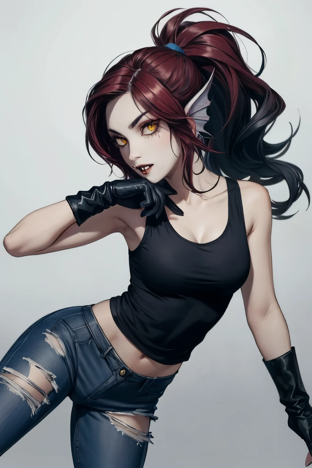 Create a realistic and detailed full-length portrait of Lyne, a captivating character blending the essence of Marceline from Adventure Time and Undyne from Undertale, she has Light blue-gray skin with shimmering blue fish-like scales on her arms and shoulders, Long, dark crimson hair in a spiky ponytail with choppy bangs framing her face, Sharp yellow eyes with red pupils, small fins on the sides of her head and sharp fangs hinting at vampiric traits, Lean athletic figure for an intimidating yet graceful presence, Dark-gray ripped tank top, intricate amphibious knight leather armor, Black ripped jeans with torn knees, dark red boots, black finger-less gloves for a punk-inspired touch, Dark makeup around her eyes and subtle vampire bite marks on her neck, powerful punk vampire fish warrior, cool and fierce, masterpiece, high quality, 4K, undyne, undyne the undying, MarcelineWaifu