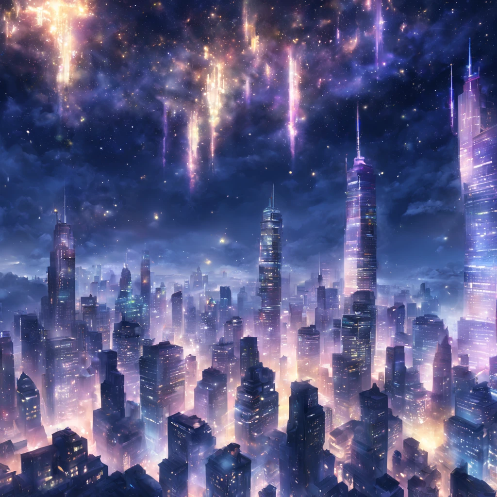 Expressing skyscrapers and window lights at night with vivid colors.、View from the air、top-quality、Fantasyart、beautiful anime scene、concept-art。starryskyの環境、Dream painting、Anime Background Art、Fantasy landscape art、Dreamy night、Anime Background Artワーク、dreamlike art、atmospheric anime、starrysky、details enhanced。
