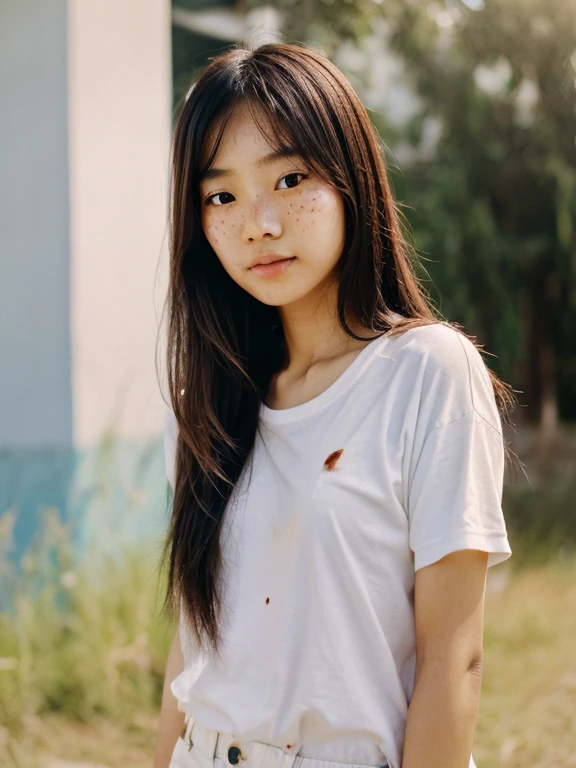 Asian ordinary young girl,Long brown messy hair,skin blemish,skin spots,Realiy,Wear cotton clothing,natural soft light,with a background,Shooting effect