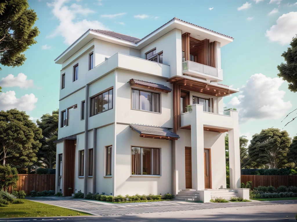 modernvilla,woodandbrick,cloud,trees,vine,architecture,building,vivid colour,masterpiece,best quality,super detailed,realistic,photorealistic,8k,sharp focus,a photo of a building,day,wood wall,white wall