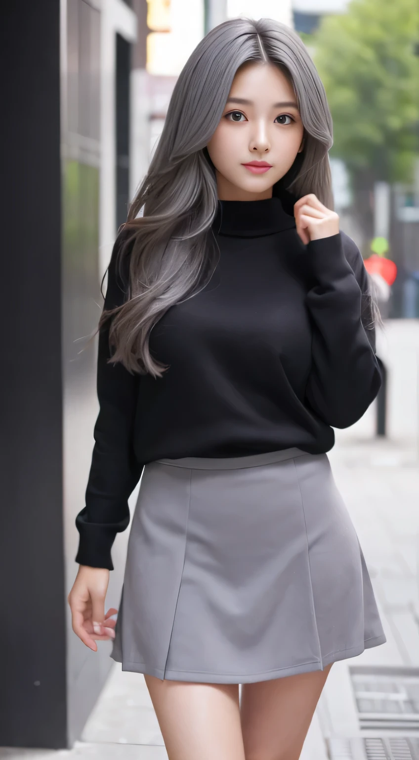 female student、20yr old、Long gray hair、realistically、k hd、short skirt、Symmetrical thighs、Have a well-proportioned figure、It looks beautiful