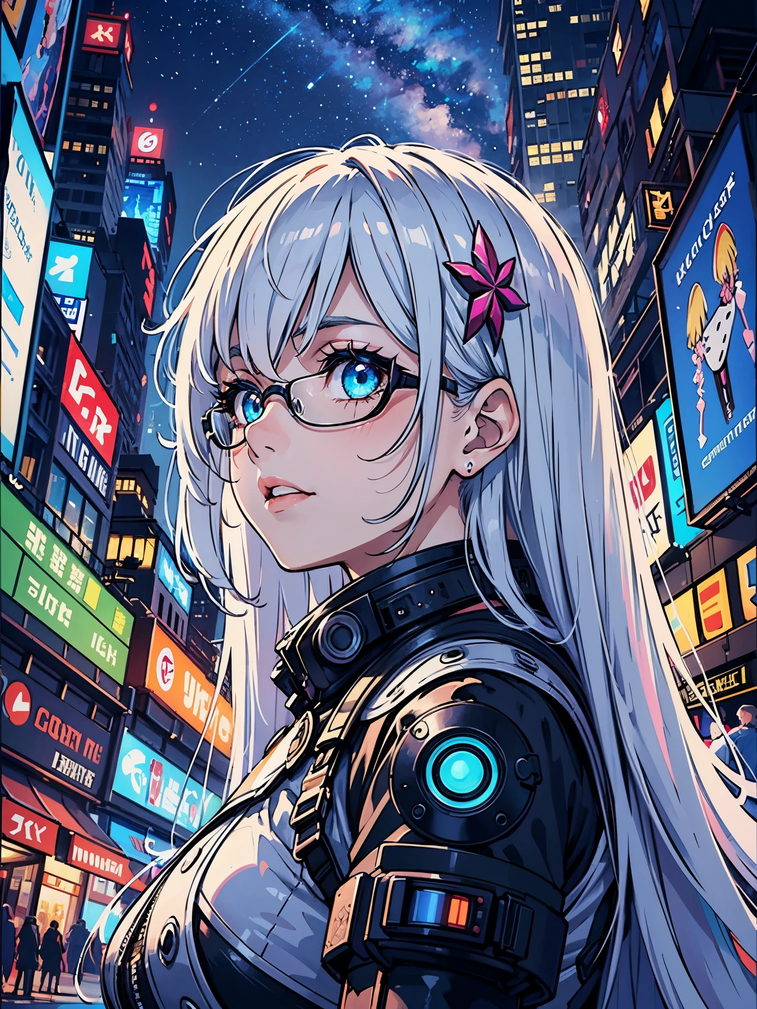Beautiful woman with dense, delicate and luxurious hair ornament. Beautiful face and brightly colored eyes. Put on your cyber design goggles and look up at the night sky. cyberpunk, futuristic city, skyscraper, heavenly landmark, trail of light, afterglow, transparent street screen, detailed drawing. Bright colors. High image quality. Angle from below, wide shot, night sky, night scene, neon light effect,