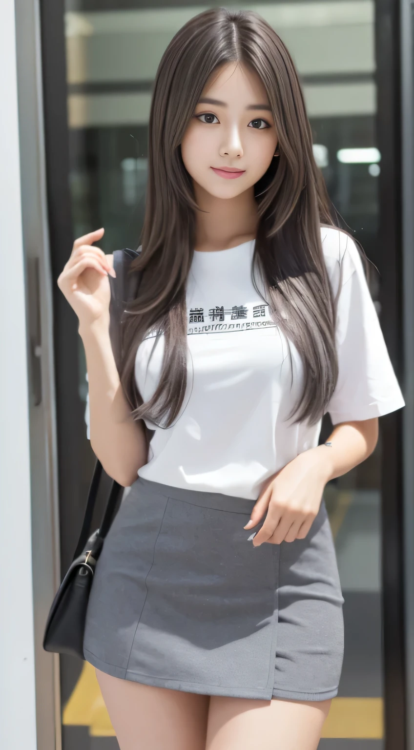 female student、20yr old、Long gray hair、realistically、k hd、short skirt、Symmetrical thighs、Have a well-proportioned figure、It looks beautiful