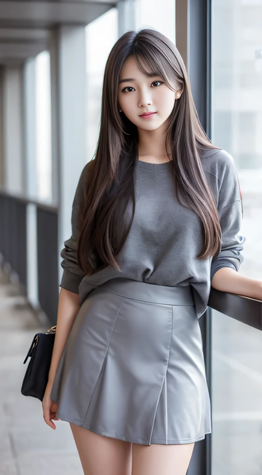 female student、20yr old、Long gray hair、realistically、k hd、short  skirt、Symmetrically large、All generated photos have the same faces、Have a well-proportioned figure、It looks beautiful