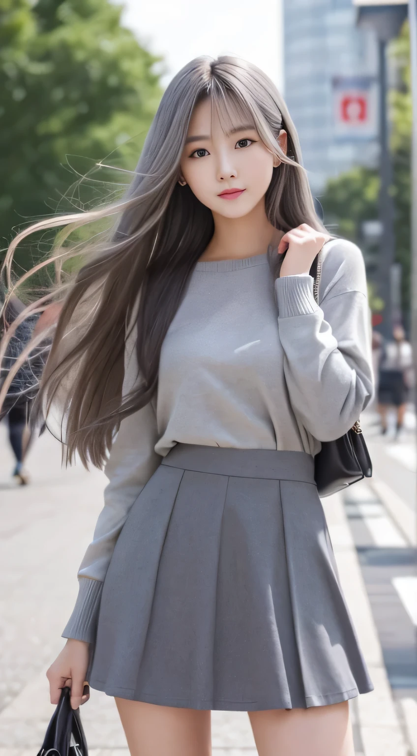 female student、20yr old、Long gray hair、realistically、k hd、short  skirt、Symmetrically large、All generated photos have the same faces、Have a well-proportioned figure、It looks beautiful