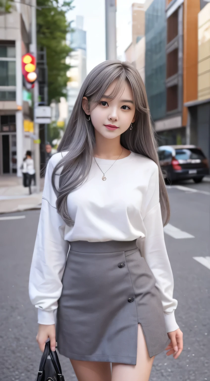 female student、20yr old、Long gray hair、realistically、k hd、short  skirt、Symmetrically large、All generated photos have the same faces、Have a well-proportioned figure、It looks beautiful