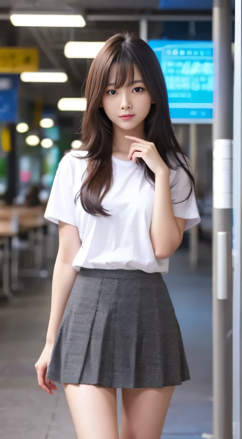 female student、20yr old、long whitr hair、realistically、k hd、short skirt、Symmetrical thighs、Have a well-proportioned figure、It looks beautiful