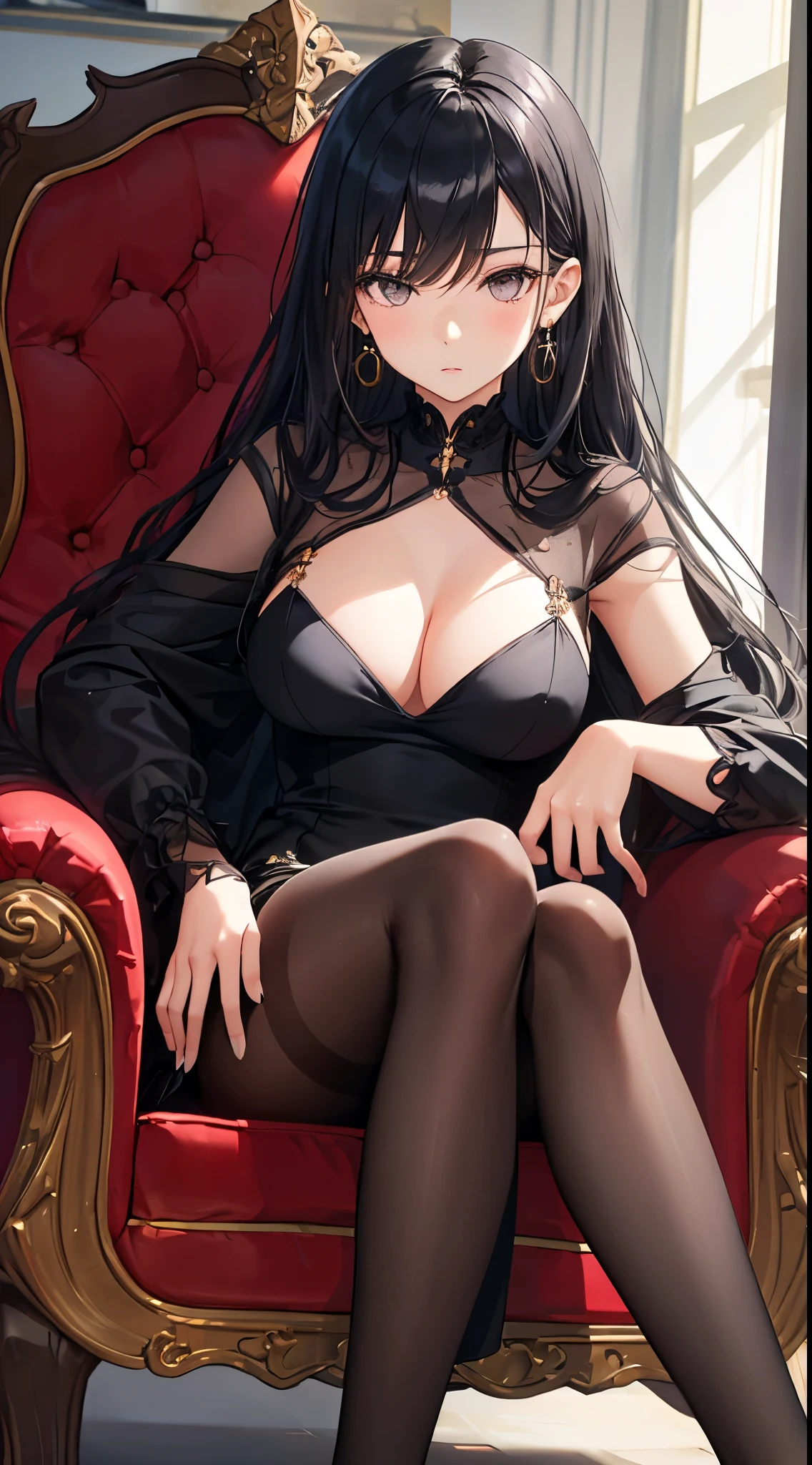 (1girl, serius expression), portrait, (long hair, black hair), (gray eyes, long eyelash), black dress, black pantyhose, black high heels, silver earring, sitting in armchair,