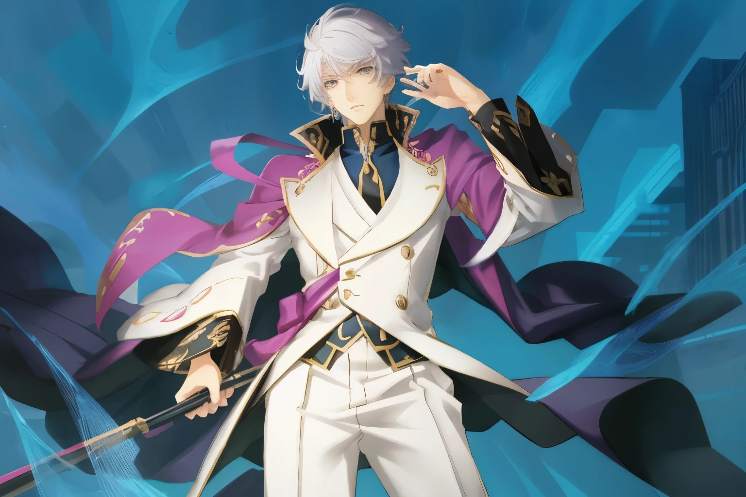 anime - a male in a white suit and purple jacket, beautiful androgynous prince, delicate androgynous prince, ((wearing aristocrat robe)), royal attire akira, male anime character, hajime yatate, shigenori soejima illustration realistic, nobutaka ike, official character, official character illustration hd, prussia,hd quality