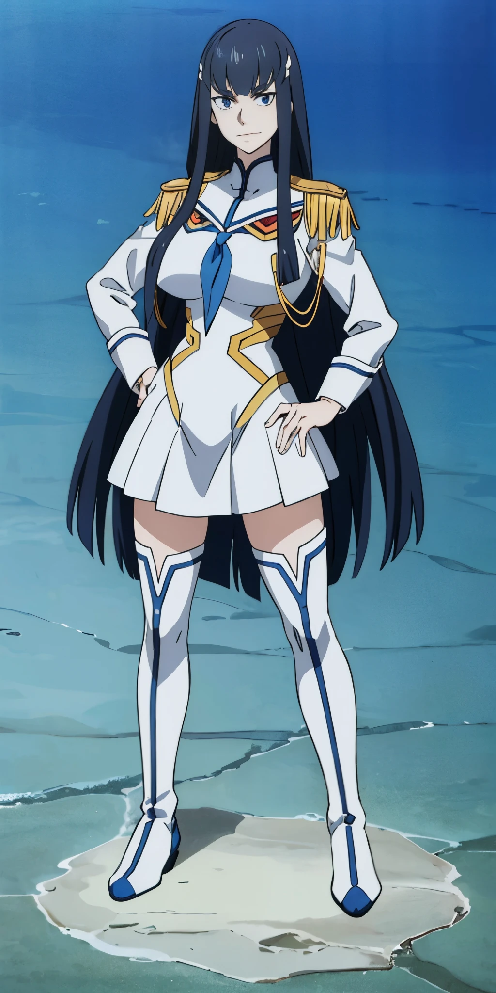 masterpiece, high quality, best quality, 1girl, (muscular female:1.0), (super gigantic breasts:1.0), (closed mouth, half smile), kiryuin satsuki, blue eyes, epaulettes, hairclip, school uniform, skirt, white thigh boots, anime screencap, anime key visual, (fully clothed:1.0), full body