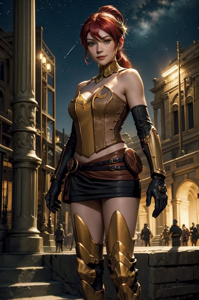 masterpiece, best quality, pyrrha nikos, ponytail, circlet, bustier, large breasts, skirt, elbow gloves, bracers, armored boots, red waist sash, looking at viewer, furrowed brow, smile, forest, night, night sky, stars, standing in stadium, crowd