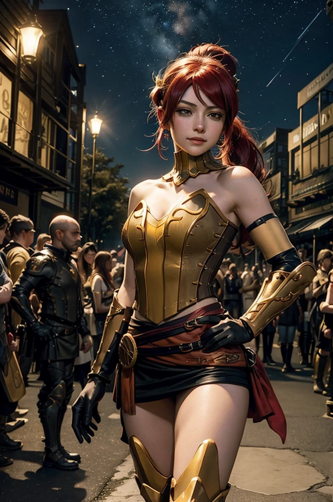 masterpiece, best quality, pyrrha nikos, ponytail, circlet, bustier, large breasts, skirt, elbow gloves, bracers, armored boots, red waist sash, looking at viewer, furrowed brow, smile, forest, night, night sky, stars, standing in stadium, crowd
