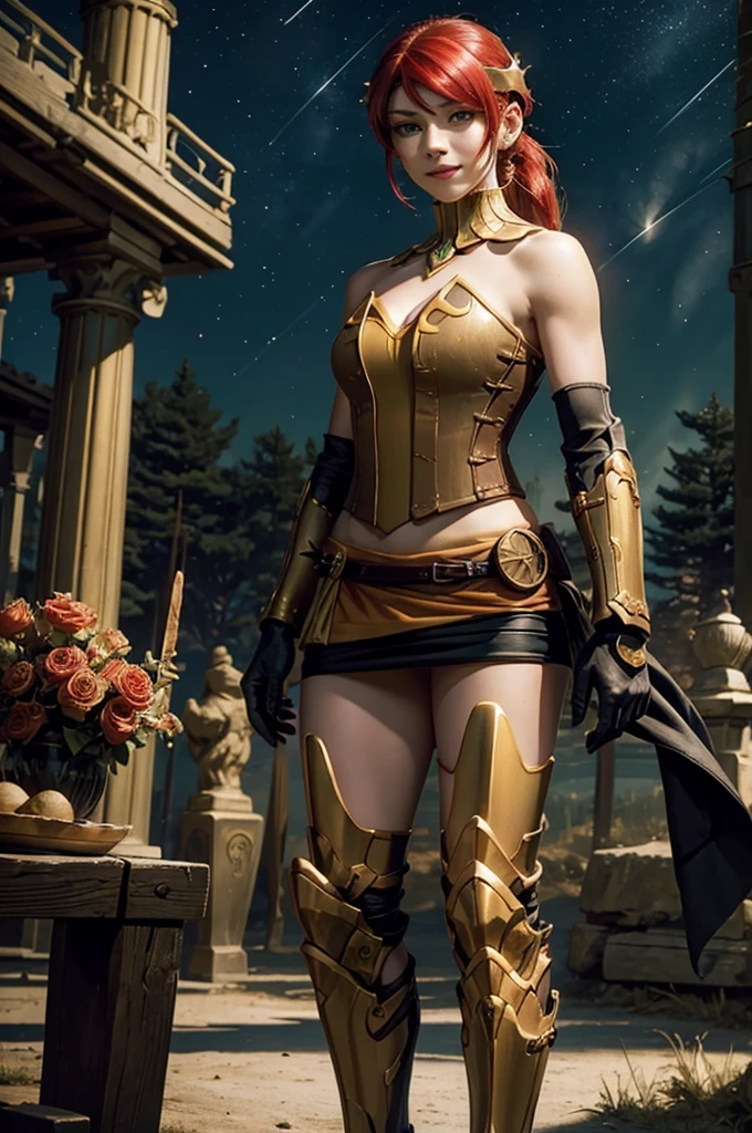 masterpiece, best quality, pyrrha nikos, ponytail, circlet, bustier, large breasts, skirt, elbow gloves, bracers, armored boots, red waist sash, looking at viewer, furrowed brow, smile, forest, night, night sky, stars, standing in stadium, crowd