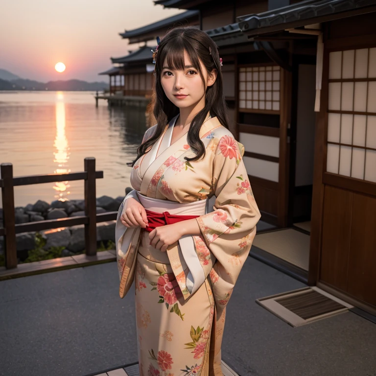 (hight resolution、Raw photo、detailed tits)、sunset scene、Traditional Japanese clothing of Japan、Female in her 30s、married woman、detailed tits、Detailed Limbs、full bodyesbian、detailed buttocks