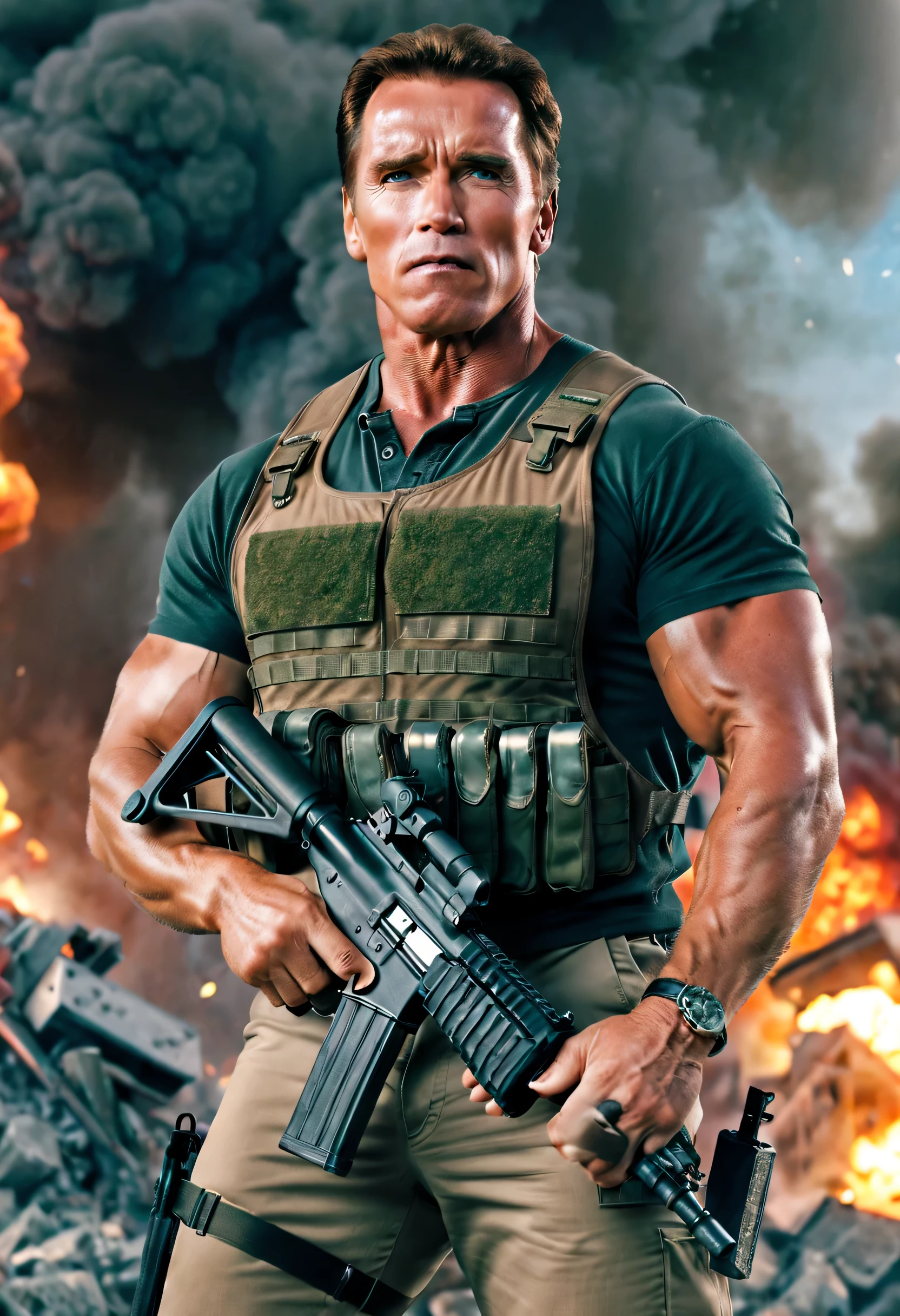 (best quality,4k,8k,highres,masterpiece:1.2),ultra-detailed,realistic:1.37,arnold schwarzenegger,brutal,vivid colors,sharp focus,rpg-7, grenade launcher, shooting,burst fire,empty casings dropped down ,explosions on background,dramatic lighting,strong shadows,physically-based rendering, determined eyes,smoke-filled air,high-contrast,