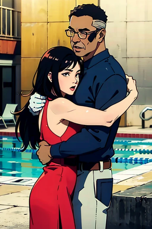 Na piscina, with glasses having, woman hugging an old black man